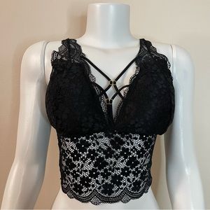 Black lace strappy long line removable pads bralette